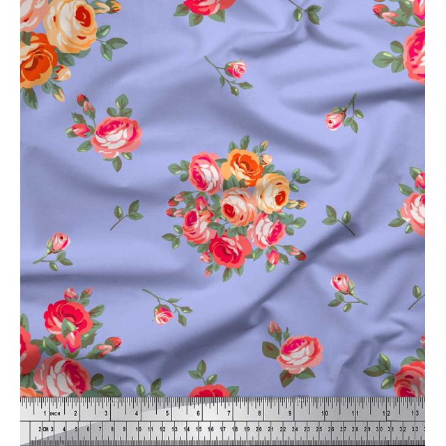 Soimoi Tissu Poly Georgette Feuilles et Imprimé de Fleurs de Roses, Tissu au Mètre, 42 Pouces de Large