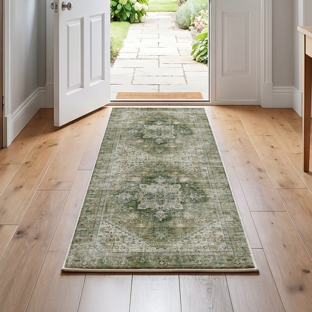 Exenoray Washable Bohemian Rug, Non-Slip Low Pile Printed Carpet, Faux Cashmere Surface, Vintage Green 5*7