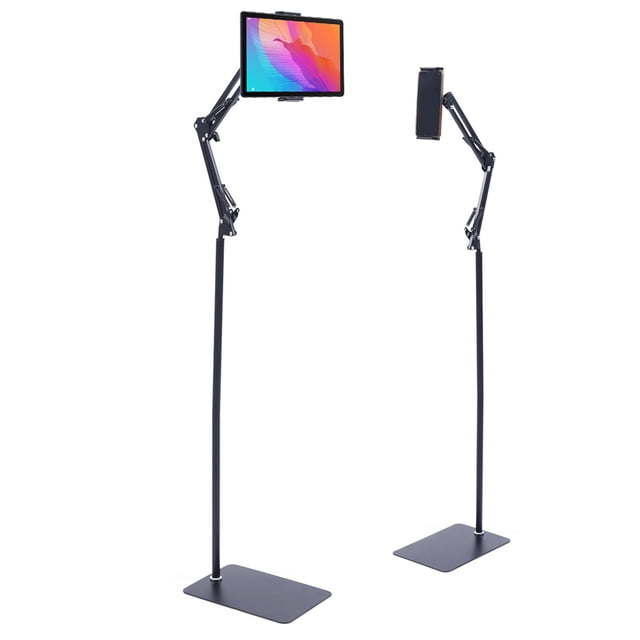 axGear Tablet Floor Stand Phone Holder with height and angle adjustability, featuring a long arm mount and a sturdy metal base. The stand is shown in a black finish with two configurations holding a tablet and a phone. Compatible with devices between 12-25cm, it offers 360-degree rotation and a retractable pole for customizable viewing angles. Ideal for use in various settings like bedrooms, offices, or kitchens.