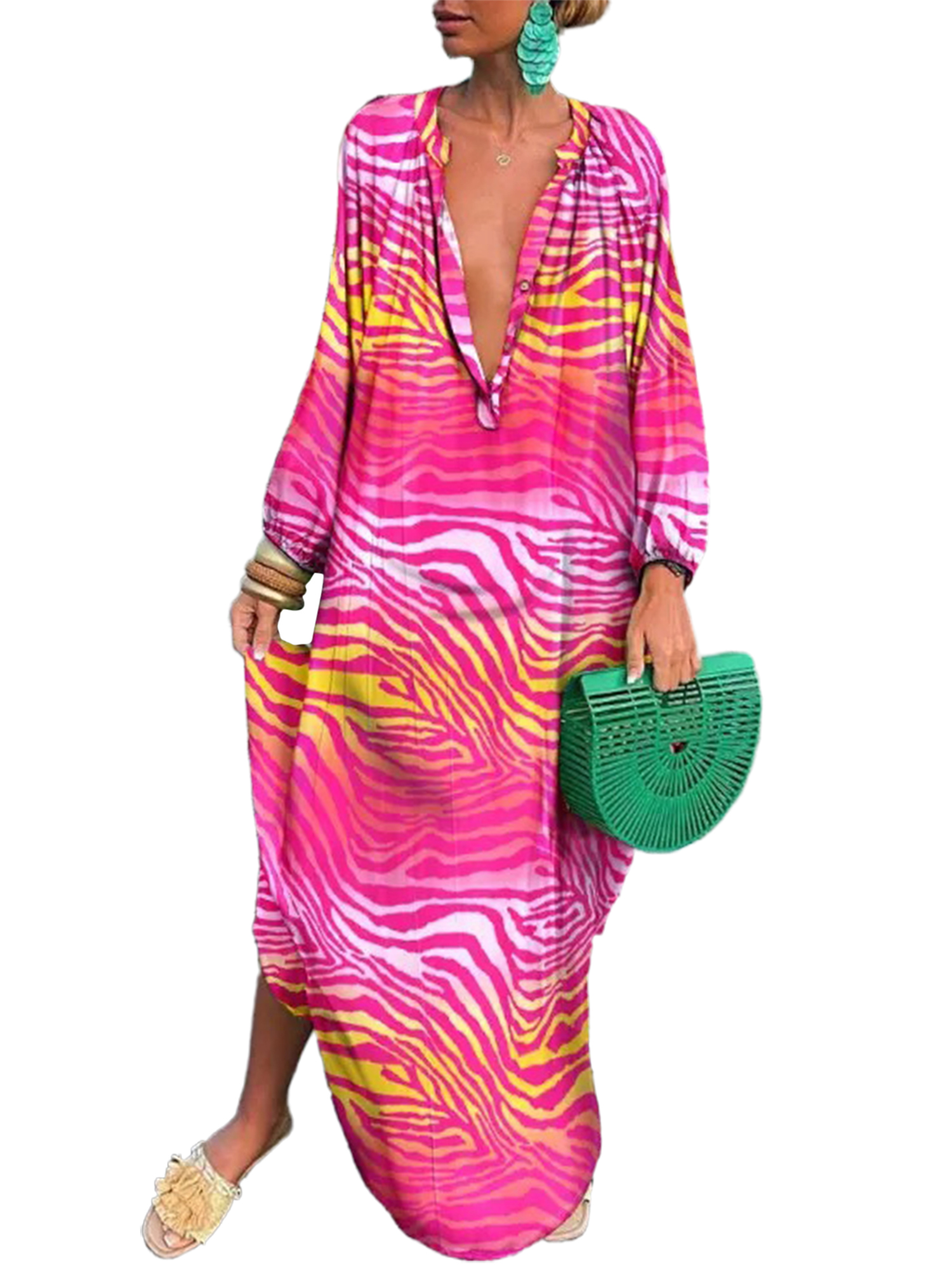 Innerwin Dress Button Down Women Maxi Dresses Autumn Long Sleeve Loose Zebra Print XL