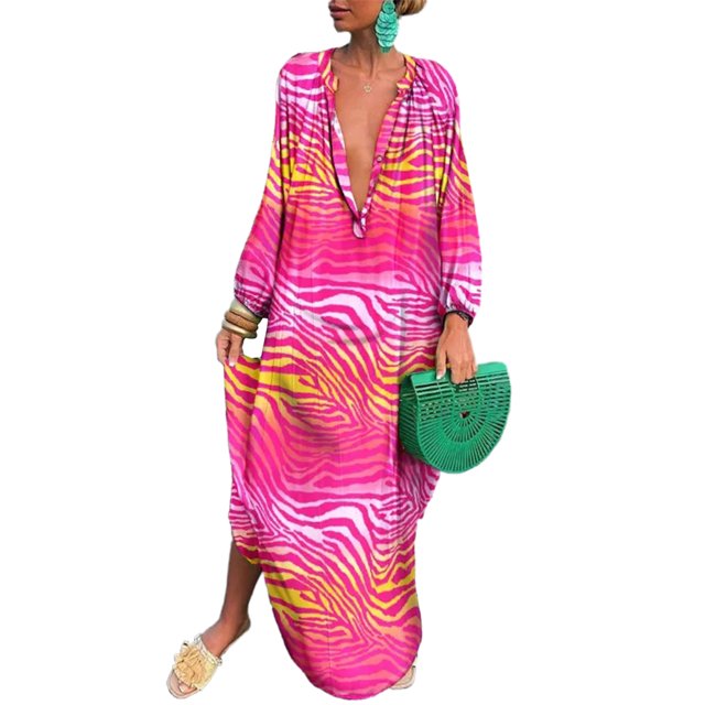 UKAP Ladies Maxi Dresses Button Down Dress Long Sleeve Loose Party Zebra Print XXL