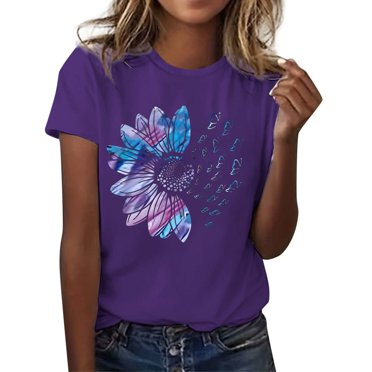 Fgnfyis T-Shirts pour Femmes T-Shirt Décontracté Mode à Imprimé de Lettres à Manches Courtes à Col Rond Haut pour Femmes Hauts Violet Foncé TTTG