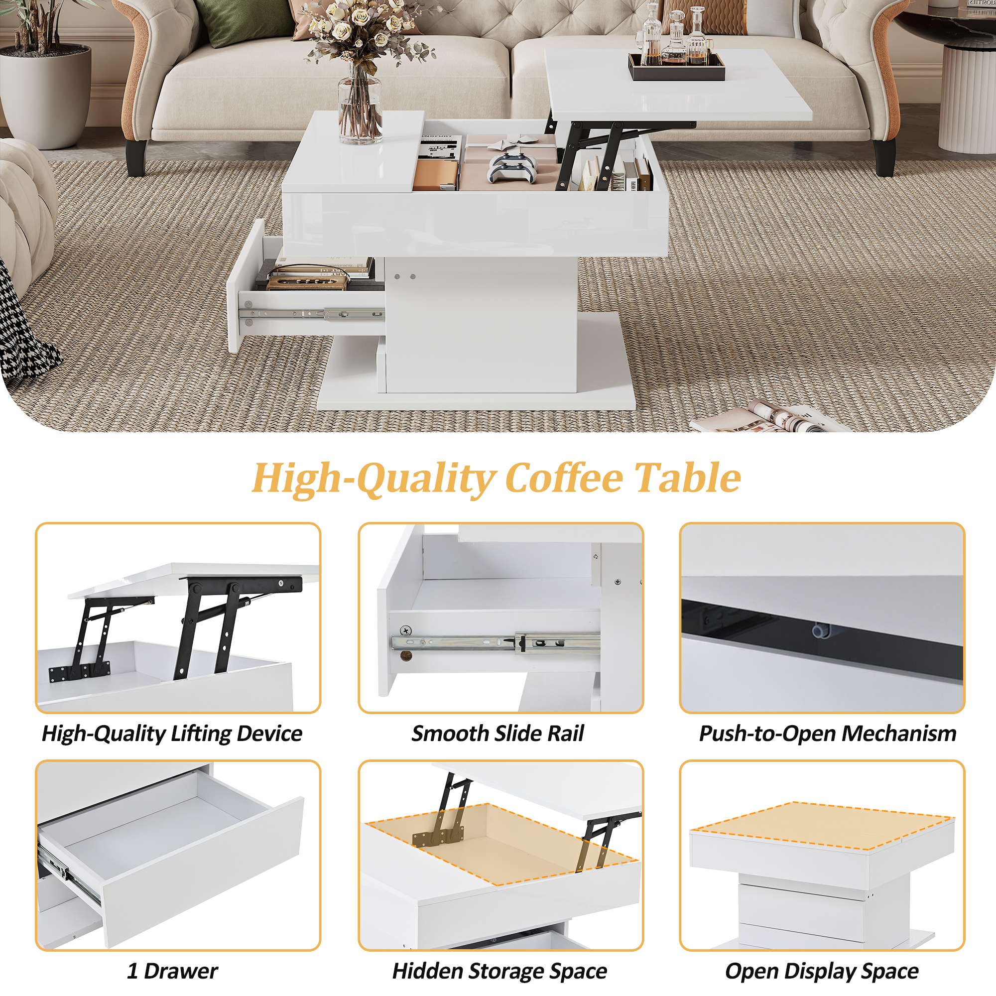 Homy Casa 27.5-Inch Square Lift-Top Coffee Table, 360° Rotating High-Gloss Top, Hidden Storage and Drawer, White and Natural Wood