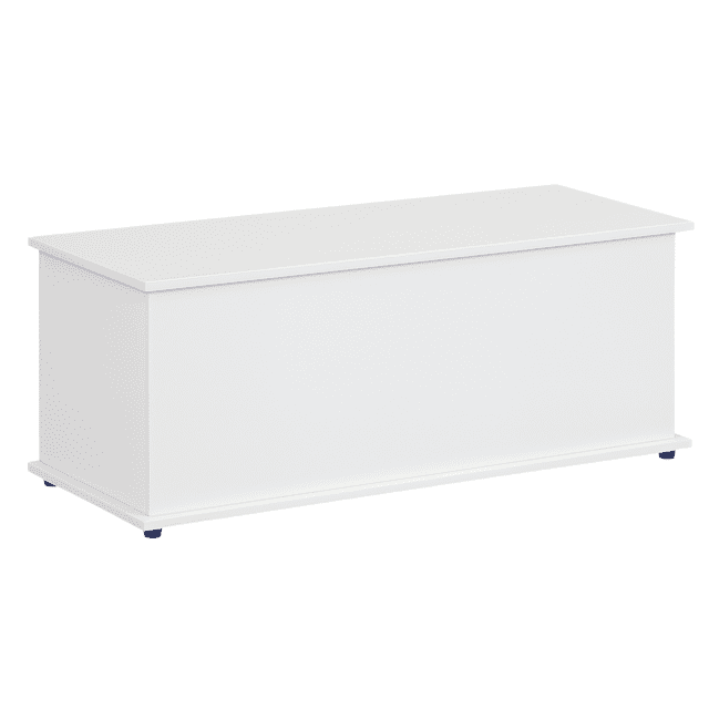 HOMCOM Coffre de Rangement à Dessus Relevable avec 2 Charnières de Sécurité, Couvercle à Rabat, Blanc. Ce Coffre de Rangement Moderne Présente une construction Robuste en Panneau de Particules avec Fini Blanc, Offrant une Capacité de Charge de 265 Lb (120 kg) sur le Couvercle et 132 Lb (60 kg) dans le Compartiment de Rangement. Mesurant 39,4 Pouces de Large, 15,7 Pouces de Profondeur et 15,7 Pouces de Hauteur, Il Comprend Quatre Patins en Plastique pour la Stabilité. Convient pour une Utilisation dans les Salons, les Couloirs