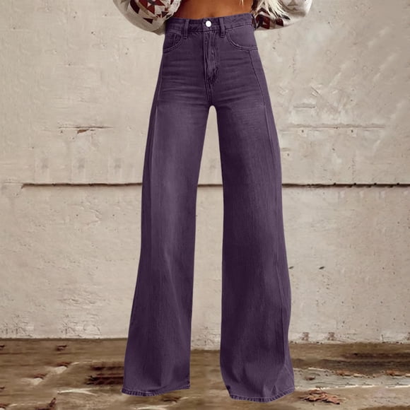 Baodmurt Mid Waist Jeans for Women Wide-Leg Boyfriend Snap , Denim for Holiday, Purple XL