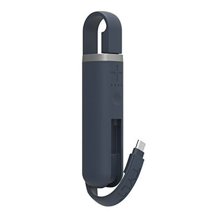TYLT Flipstick Portable Phone Charger in blue, featuring a compact design with a built-in micro-USB connector and 3,350 mAh rechargeable battery. Includes LED battery level indicators and a USB cable for recharging. Travel-friendly and suitable for Android devices and other smartphones.
