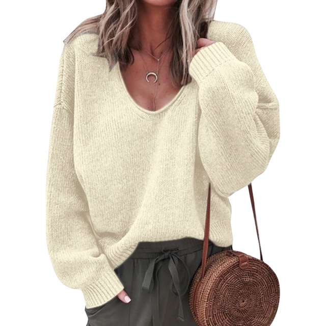 Innerwin Jumper Tops Long Sleeve Ladies Sweater Work Solid Color Casual Pullover Beige L