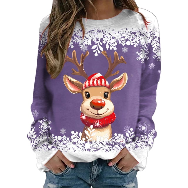 Chandails pour Femmes Veste de Noël pour Femmes Adolescentes Filles Manches Longues Chandails Amples Femmes Chandail à Col Rond Mignon Renne Ensemble de Tenue Confortable Femmes Chandails Graphiques de Noël
