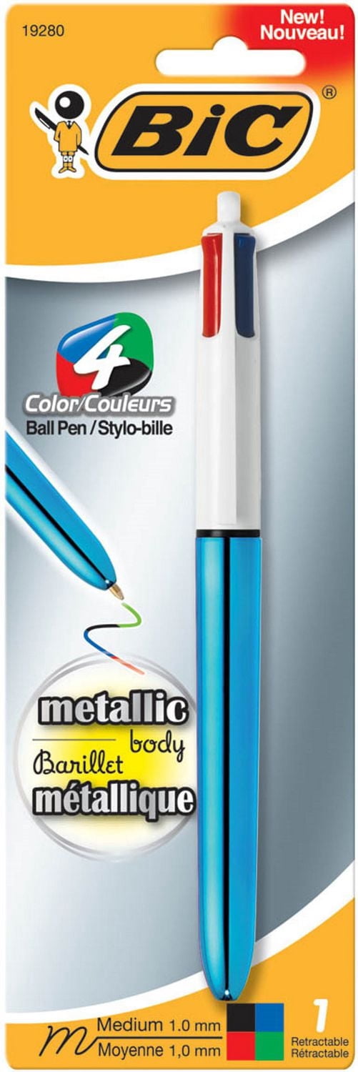 BIC 4-Color Shine Ball Pen, Medium Point (1.0 mm), Metallic Barrel, Assorted Inks, 1 Count. World-renowned 4-Color pen with a shiny, metallic barrel!