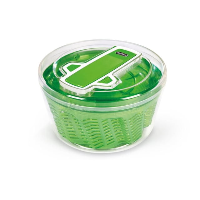 Zyliss SwiftDry Large Salad Spinner with clear bowl and bright green contoured basket and lid, featuring patented AquaVent™ technology, one-handed fast pump with stop button, and non-slip base for stable drying of greens and herbs.