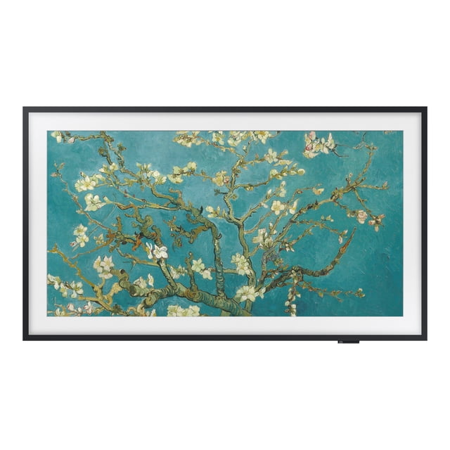 Samsung 32 Pouces The Frame Télé Intelligente 4K - Série LS03C Affichant une Oeuvre Numérique de branches d'Amandier avec des Fleurs Blanches sur un Fond Texturé Sarcelle, Encadré dans un Mince Cadre Noir Conçu pour Ressembler à un Cadre Photo Moderne.