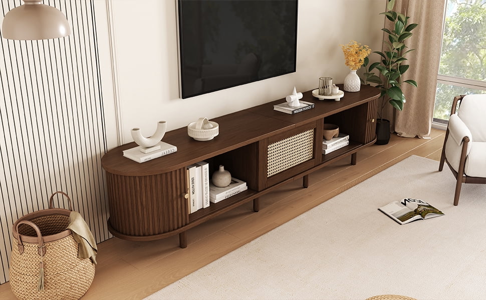 Meuble télé Noble House 64,8 po, console multimédia ovale aux coins arrondis pour téléviseur 65 po, chêne foncé
