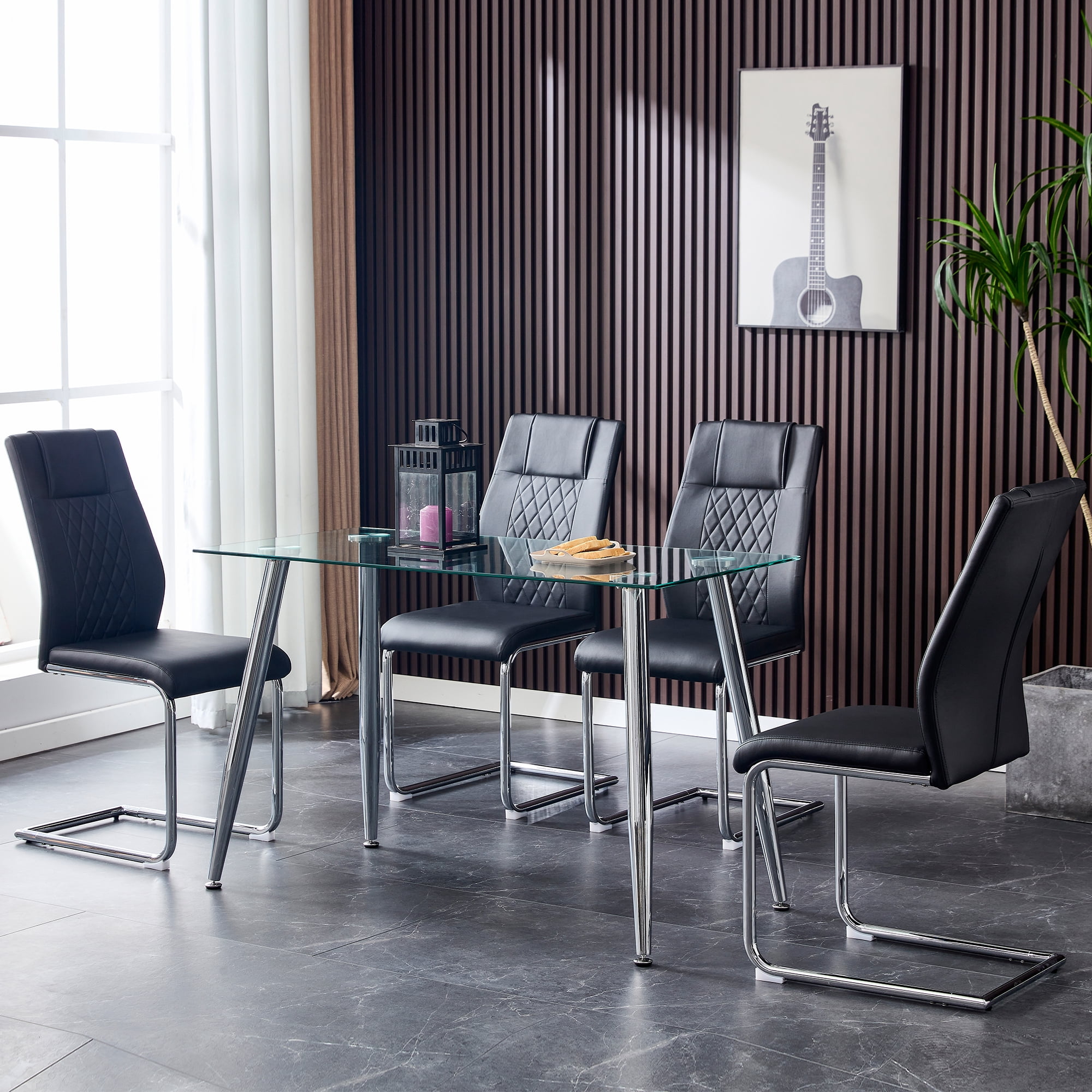 Noble House Set of 6 Modern Dining Chairs,Faux Leather Padded Seat with Metal Legs,for Kitchen Living Bedroom,Black