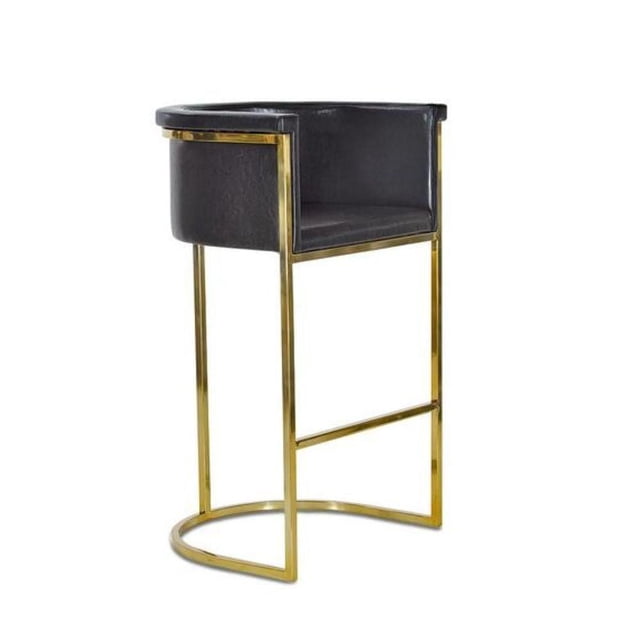 Maluma II Black PU Counter Stool modern and comfort design with black PU leather upholstery, curved backrest and armrests, supported by a polished gold metal frame with a semi-circular base and integrated footrest, suitable for kitchen and dining areas and often used as stylish bar seating.