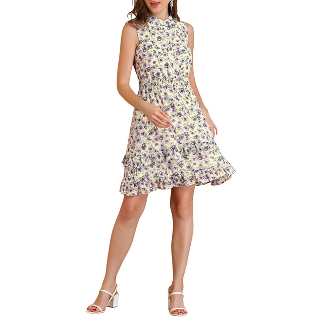 INSPIRE CHIC Robes en Mousseline pour Femmes CHIC à Smocks Robe Mini Trapèze Sans Manches à Fleurs TG Jaune Violet