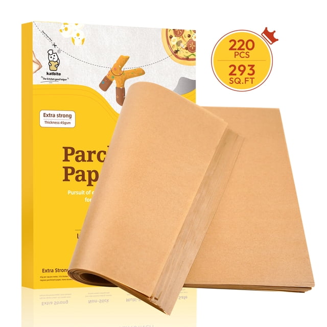 Katbite Unbleached Parchment Paper Sheets, heavy-duty and non-stick, shown in a pack of 220 pre-cut 12x16 inch sheets. The sheets are made from 45GSM paper, 12% thicker than standard parchment paper, and feature a two-sided food-grade silicone coating for non-stick performance. The packaging highlights its extra strength and 293 square feet coverage, suitable for baking, freezing, microwaving, and air frying.