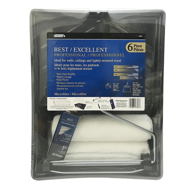 Pintar Best Paint Kit 6-piece set includes microfiber rollers and a polyester-nylon brush, designed for walls, ceilings, and lightly textured wood, providing superior paint pick up and coverage, shown in clear plastic packaging with a blue professional label.