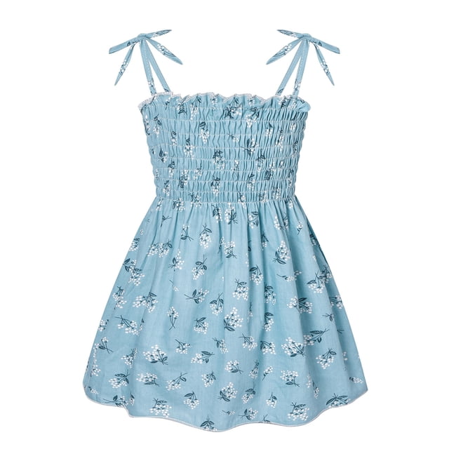 Tenues d'Été pour Filles Robes Trapèze Robe d'Été pour Filles Robe Ado 4-5 Ans. une Robe d'Été Trapèze Sans Manches Bleu Pâle à Imprimé floral, avec Bretelles Ajustables à Nouer et Corsage Froncé pour un Ajustement Sûr et Confortable. Fabriquée en Tissu Respirant et Doux pour la Peau, Cette Robe Décontractée pour Filles Est Idéale pour le Quotidien, les Fêtes Ou les occasions Spéciales. Convient aux Enfants de 4-5 Ans.