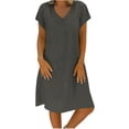 thumbnail image 1 of Tumotour Robe d'Été pour Femmes à Col en V, Longueur Genou, Robe Décontractée, Couleur Unie, Manches Courtes, Coupe Ample, Robe de Vacances, Robe en Lin pour la Plage, Sorties, Fête, Rendez-Vous, 1 of 5