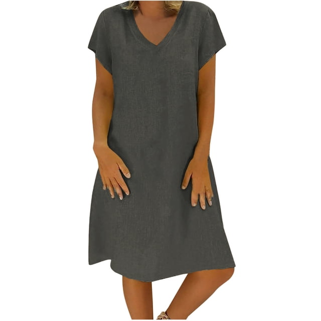Tumotour Robe d'Été pour Femmes à Col en V, Longueur Genou, Robe Décontractée, Couleur Unie, Manches Courtes, Coupe Ample, Robe de Vacances, Robe en Lin pour la Plage, Sorties, Fête, Rendez-Vous