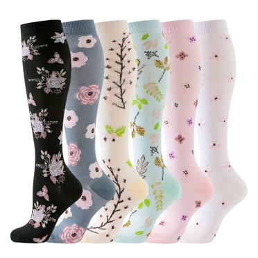 MesaSe 6 Paires de Chaussettes de Compression à Motif Floral pour Femmes - Mélange de Nylon Jusqu'aux Genoux Respirant pour la Mise en Forme et l'Entraînement Lavage à la Main Seulement