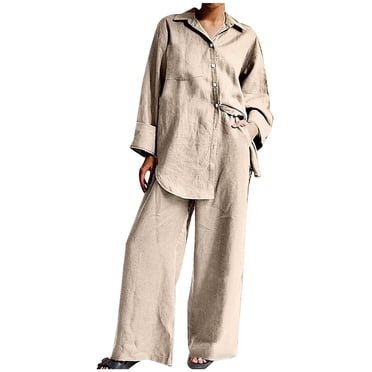 Yuyuzo 2 Piece Outfits for Women Cotton Linen Button Down Shirts with Wide Leg Long Pants Loungewear Trendy Fall Clothes