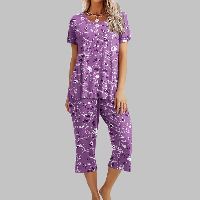 Fankiway Ensemble de Pyjama pour Femmes à Imprimé, Col Rond, Manches Courtes, Chemise de Nuit et Pantalon, Tenue d'Intérieur avec Poches, Ensemble pour Femmes, Tenues d'Été, Tenues d'Été pour Femmes, 3229 Pcs
