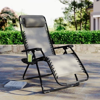 Mainstays Outdoor Steel Reclining Zero Gravity Chair with Cup and Phone Holder, Grey