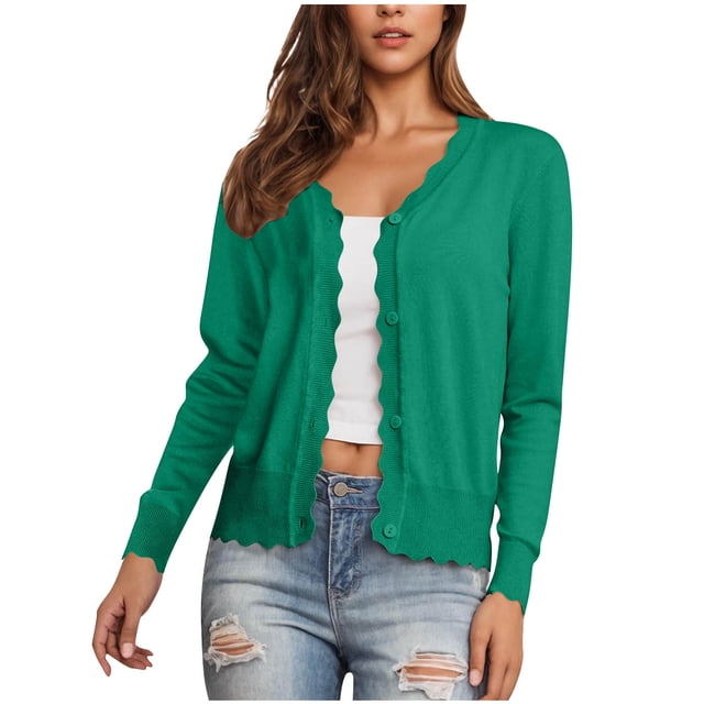 Lenpel Women's Cropped Casual Cardigans Soft V Neck Long Sleeve Button down Knitted Shrugs Lightweight Sweater Tops(Green,Small)