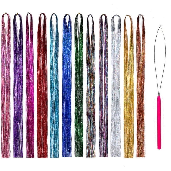 Hair Tinsel Strands With Tools 12 Colors Strands Fairy Hair Heat Resistant Glitter Hair Tinsel Strands Kit 47 Inch Sparkling Shiny Hair Extensions