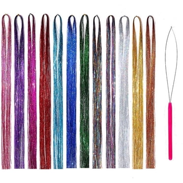 Hair Tinsel Kit Strands With Tool 47Inch 12 Colors Strands Fairy Hair Tinsel Kit Hair Extensions Sparkling Glitter Shiny Silk Tinsel (12 colors)