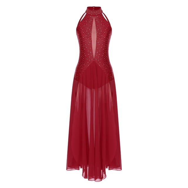 YiZYiF Robe de Performance de Danse Lyrique Longue pour Femme, Dos Croisé Fendu, Danse de Salon Moderne, Bourgogne, TG