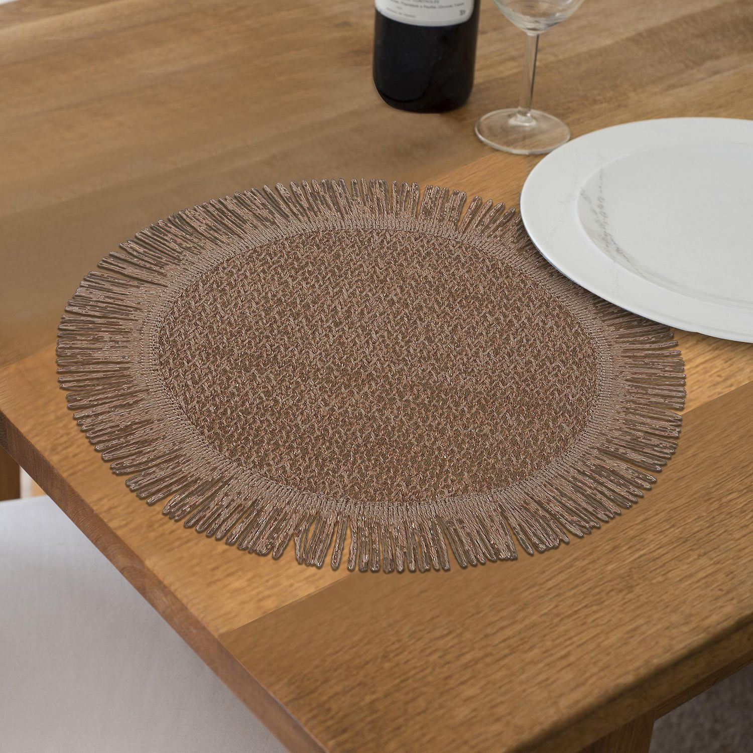 Placemat Rond Tissé Avec Franges Beige 15 X 15 - Ensemble De 12