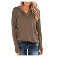 thumbnail image 1 of Timegard Hauts pour Femmes Col en V Cranté Boutons Manches Longues Couleur Unie Confortable Automne Décontracté Tee Tops Amples, 1 of 4