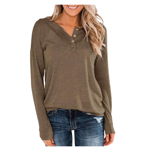 Timegard Hauts pour Femmes Col en V Cranté Boutons Manches Longues Couleur Unie Confortable Automne Décontracté Tee Tops Amples