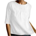 thumbnail image 2 of EQWLJWE Women's Solid Color Loose Round Neck Middle Sleeve Folded Cotton Linen Shirt Top, 2 of 6