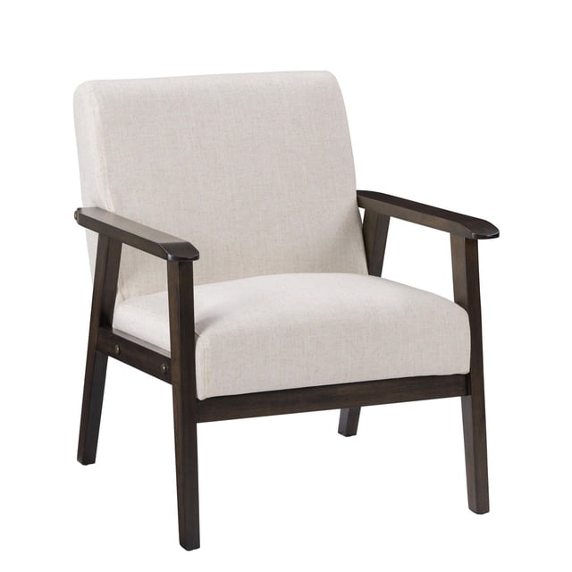 CorLiving Greyson Mid-Century Modern Solid Wood Frame Upholstered Cushion Indoor Armchair in light beige fabric with dark stained solid wood frame and angled armrests, shown in a 3/4 front view on white background, designed as a compact accent chair ideal for living room seating and small indoor spaces.