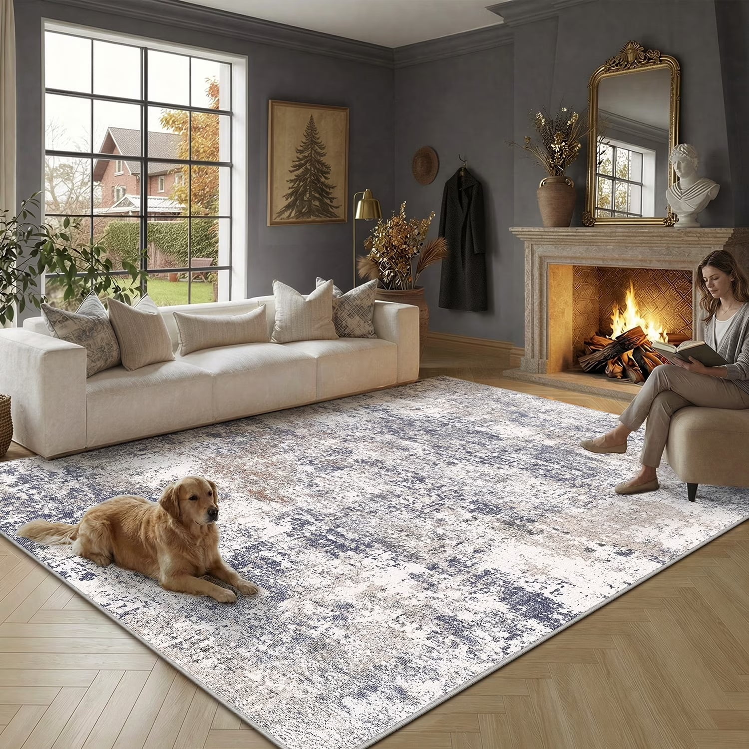 BERTHMEER 5'x7' Area Rugs for Living Room Bedroom Kitchen Rugs Abstract Washable Modern Contemporary Distressed Dorm Office Dining Room Indoor Rugs Carpets, Blue Brown