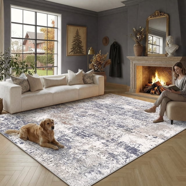 BERTHMEER 5'x7' Area Rugs for Living Room Bedroom Kitchen Rugs Abstract Washable Modern Contemporary Distressed Dorm Office Dining Room Indoor Rugs Carpets, Blue Brown
