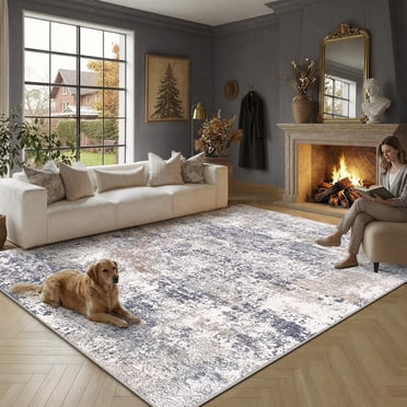 BERTHMEER Tapis de 5'x7' pour Salon Chambre Tapis de Cuisine Abstrait Lavable Moderne Contemporain Usé Dortoir Bureau Salle à Manger Tapis Intérieurs Carpettes, Bleu Brun