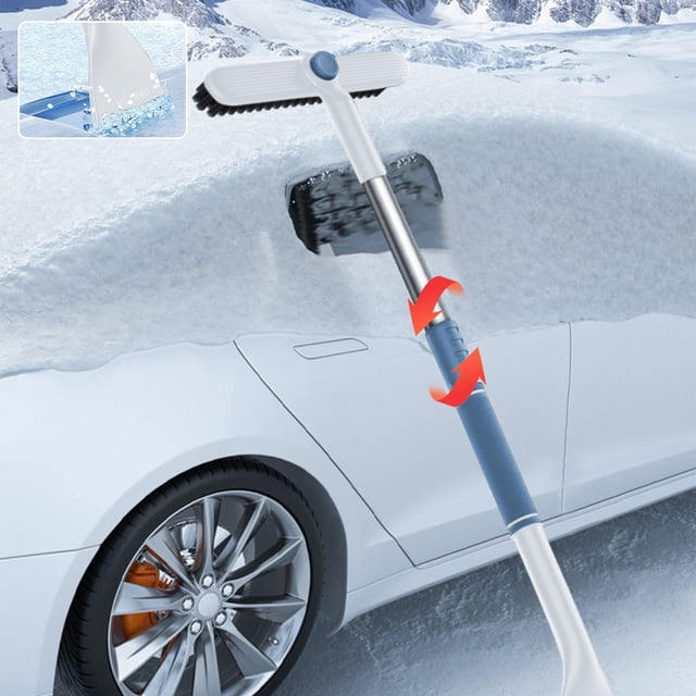 Dvkptbk Ice Scrapers for Car Windshield with Snow Brush, a multifunctional snow removal tool featuring a rotating brush head and integrated ice scraper. The image shows the tool clearing snow from a car windshield in a snowy outdoor environment. The extendable aluminum alloy handle and ergonomic grip are highlighted, making it suitable for larger vehicles like SUVs and trucks. Compact and portable design allows for easy storage in cars or garages, ideal for winter car accessories.