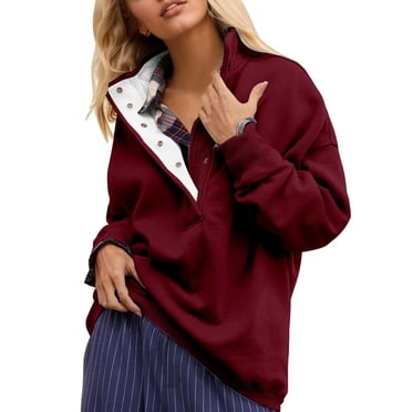 Chandail à Col Rond Breezora pour Femmes avec Boutons, Coupe Ample, Manches Longues, Haut à Enfiler Doux et Confortable, Tenue de Détente pour Toute la Journée, Taille TTG, Bourgogne