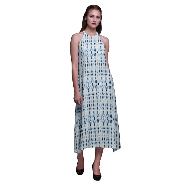 Bimba Robe de Plage Dos Nu Longue à Col Licou Imprimée Teinture sur Nœuds pour Femmes - Petite