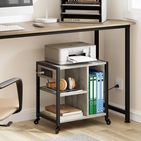Printer Stand – Under Desk with Power Outlets & USB – 4-Tier Rolling Cart – Storage Shelf & Lockable Wheels – Mobile Desk Table – Home Office Organization, Grey