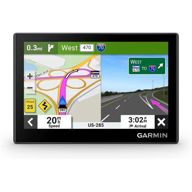 Refurbished (Good) Garmin Drive 53 5" GPS in black, featuring a 5-inch high-resolution glass touchscreen display. The screen shows a split view with a detailed map on the left and a realistic road view on the right, including navigation directions, speed alerts, and route guidance. Designed for automotive use, it includes driver alerts, a U.S. national parks directory, and Tripadvisor ratings for restaurants, hotels, and attractions. Ideal for North American travel with detailed map updates.