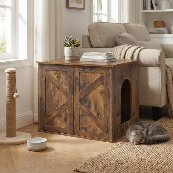 LEDREM Table d'Appoint pour Maison pour Animaux, Armoire pour Litière, Bac à Litière Caché pour Chat, 23.6 x 19.7 x 19.7 Pouces, Beige