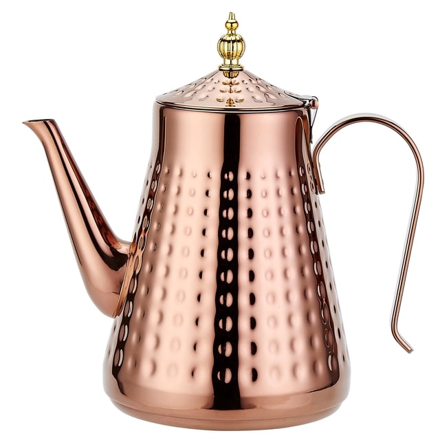 SANQIAHOME 1.8L(60oz) Stainless Steel Hammer Patterned Teapot With Removeable Infuser,Loose leaf cover,Copper front-facing view of a 1.8L copper-toned stainless steel teapot with hammered finish, mirror-polished body, laser-welded curved spout, removable fine‑pore infuser and hinged loose-leaf lid with plastic top bead; handle shows sun-moon-star laser pattern and is often used for brewing tea or coffee.