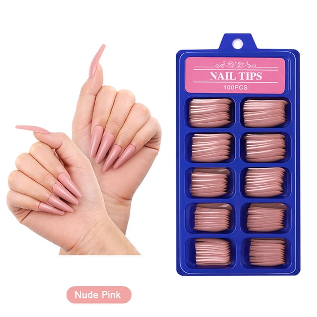 100-Piece Nude Pink Full-Cover Press-On Nails Set - 10 Sizes Solid Color Ballet Nail Tips in Small Blue Box, High-Quality ABS Material Artificial Nails for DIY Manicure, Salon, Parties & Weddings