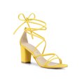 thumbnail image 1 of BLISSFUL STEP Women's Shoes Open Toe Lace Up Block Heel Strappy Heels Yellow 9, 1 of 9