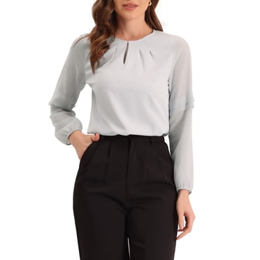 INSPIRE CHIC Women's Work Office Long Sleeves Keyhole Neck Elegant Blouse Top Light Grey S